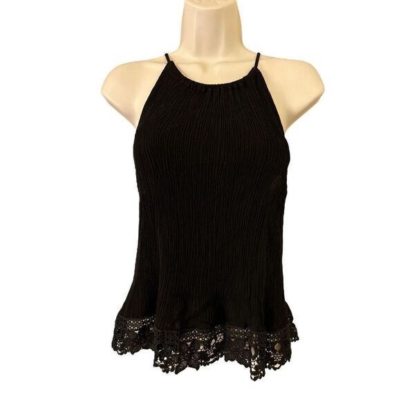 Ambiance Y2K Tank Top Womens Medium Black Plisse Crochet Hem Keyhole Neck - Picture 3 of 8